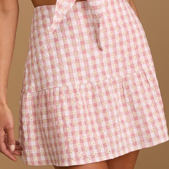 Lulus Patio Cutie Embroidered Pink Gingham Tie Front Top & Mini Skirt Set XS - Picture 3 of 16